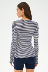 Louise Rib Long Sleeve: White/Indigo Stripe