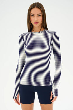 Louise Rib Long Sleeve: White/Indigo Stripe