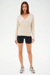 Bennie Fleece V-Neck Sweatshirt: Heather Oatmeal/White