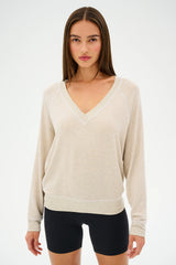 Bennie Fleece V-Neck Sweatshirt: Heather Oatmeal/White