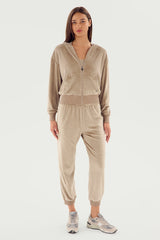 Rhys Velour Zip Up Hoodie: Latte