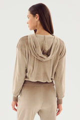 Rhys Velour Zip Up Hoodie: Latte