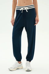 Andie Oversized Fleece Sweatpant with Stripe: Indigo & White