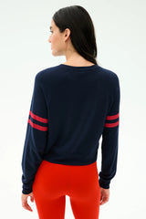 Brooks Stripe Fleece Sweatshirt: Indigo/Lotus Red