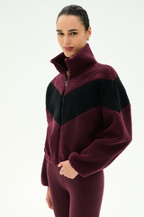 Lottie Chevron Sherpa Full Zip Jacket: Dark Cherry & Black