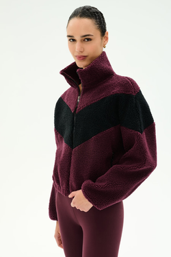 Lottie Chevron Sherpa Full Zip Jacket: Dark Cherry & Black