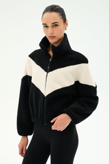 Lottie Chevron Sherpa Full Zip Jacket: Black & Cream