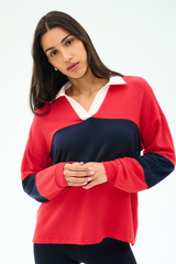Katie Fleece Rugby: Pirate Red/Indigo