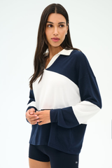 Katie Fleece Rugby: Indigo/White